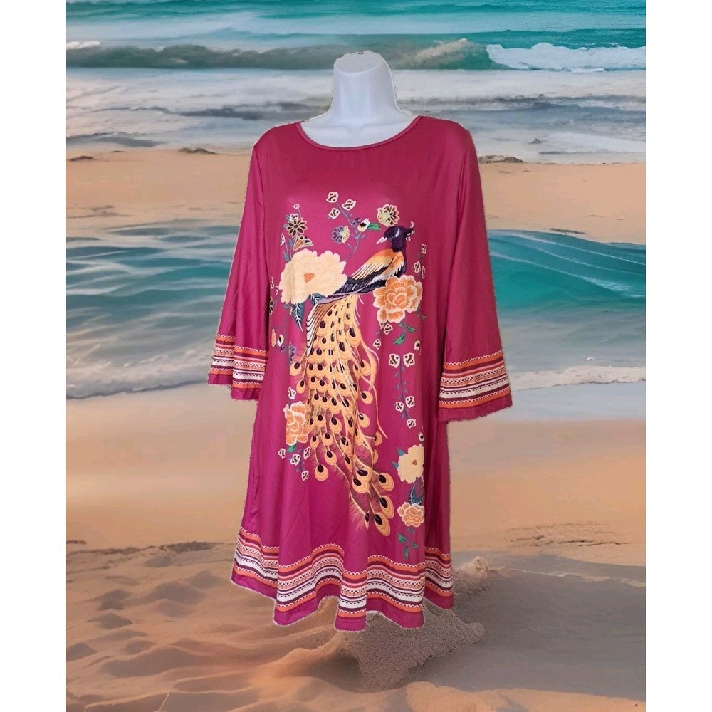 Women's Shift Dress L Pink Peacock Print 3/4 Bell Sleeves Pullover Stretch Boho